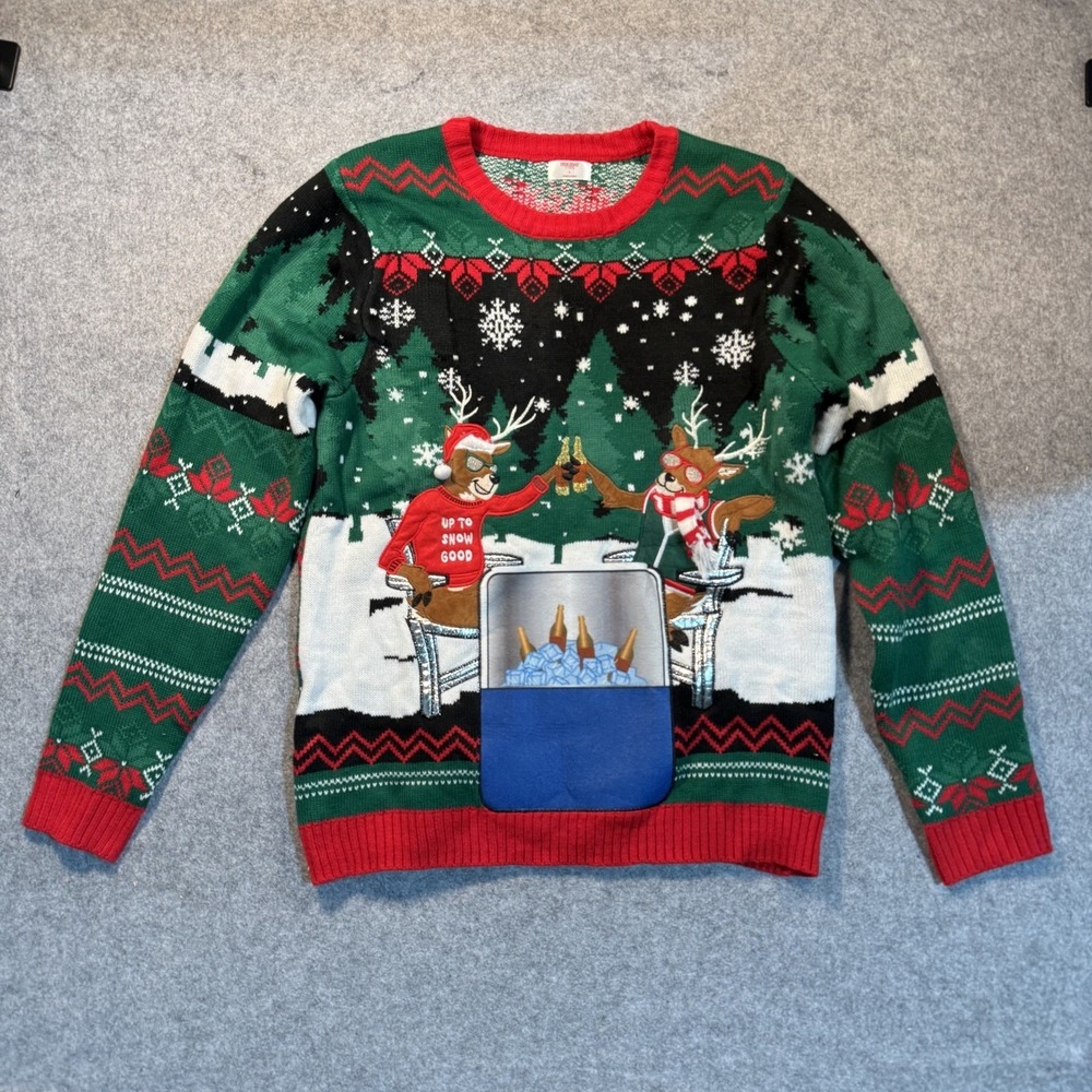 Holiday Time Mens Ugly Christmas Sweater Beer Cooler Pocket Reindeer Green Large